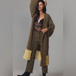 NWT Anthropologie Cozy Olive Knit Fringe Sweater
